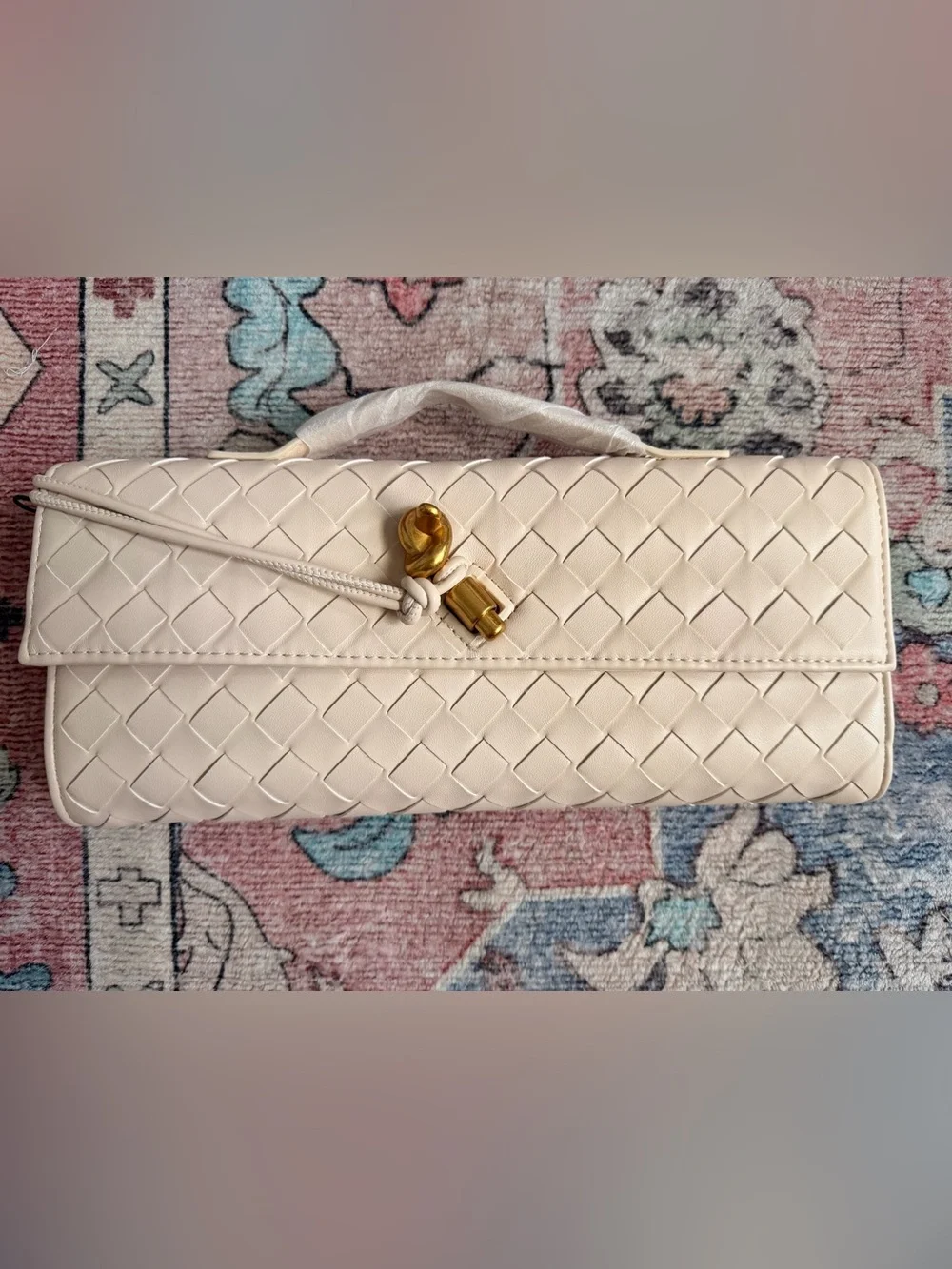 NWT Woven Vegan Leather Top-Handle Clutch in Light Cream